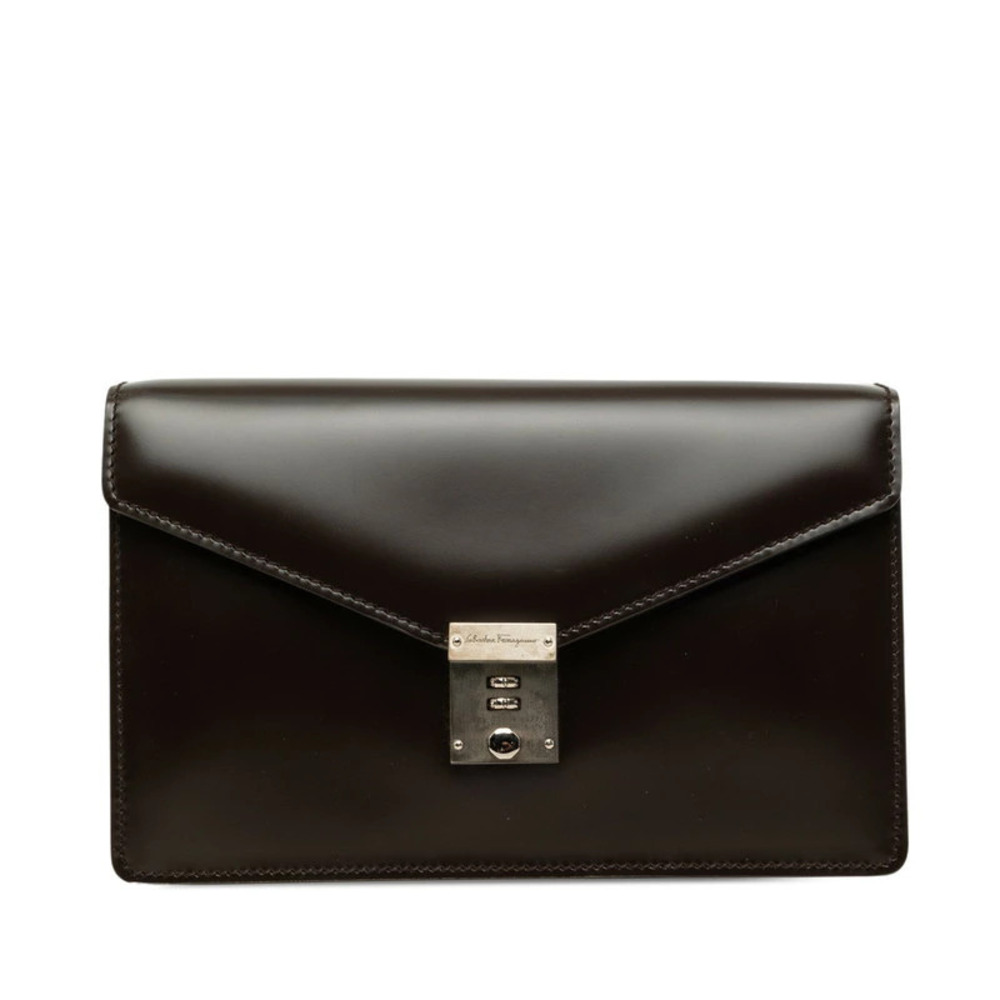 Salvatore Ferragamo Dial Lock Leather Shoulder Bag Dark Brown